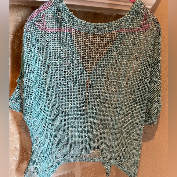 Kaktus Turqouise Open Weave Boxy Asymmetrical cardigan artsy lagenlook M - Picture 3 of 8